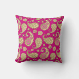 Coussin Motif Paisley, Or doux sur le rose Fuchsia profond