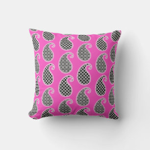 Coussin Motif Paisley, rose fushia, noir et blanc