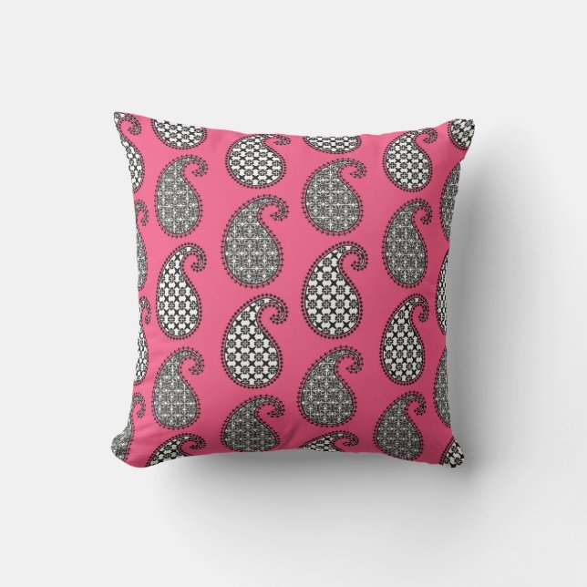 Coussin Motif Paisley, rose fushia, noir et blanc (Recto)