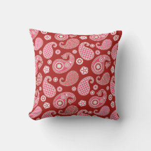 Coussin Motif Paisley, rouge foncé, blanc et rose corail