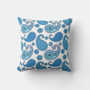 Coussin Motif Paisley, tons bleu sur blanc