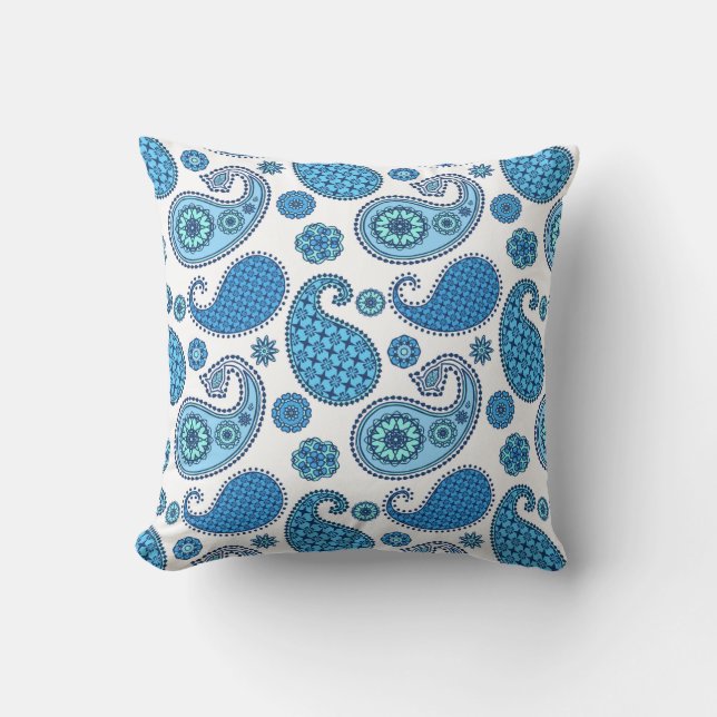 Coussin Motif Paisley, tons bleu sur blanc (Recto)