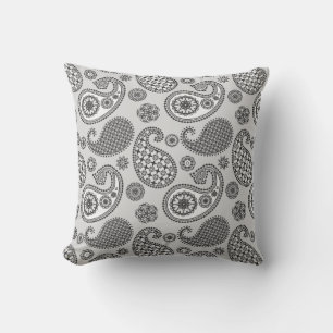 Coussin Motif Paisley, tons gris, noir et blanc