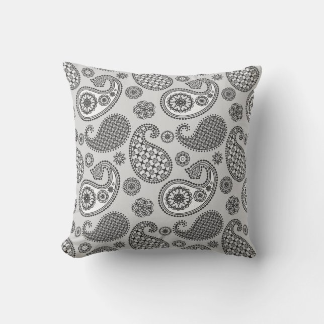 Coussin Motif Paisley, tons gris, noir et blanc (Recto)