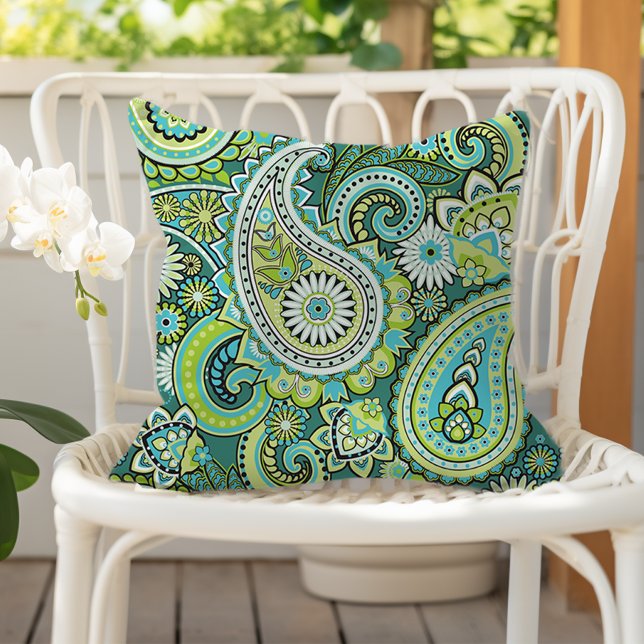 Coussin Motif Paisley Vert Lime Turquoise (Créateur téléchargé)