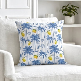 Coussin Motif Palmiers Citrons Toile Bleue
