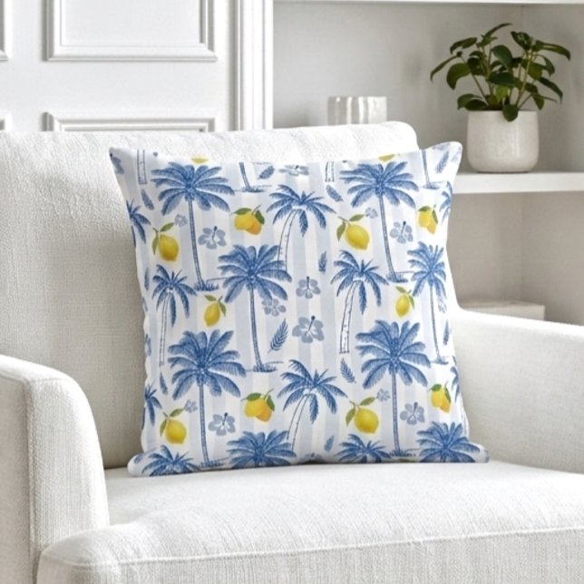 Coussin Motif Palmiers Citrons Toile Bleue (Créateur téléchargé)