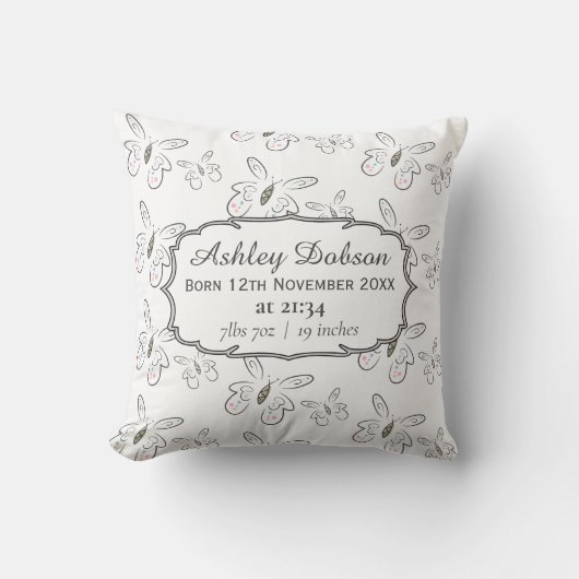 Coussin Motif Papillons Mignons Statistiques de Naissance (Recto)