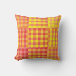 Coussin Motif Patchwork à Carreaux Rouge Jaune