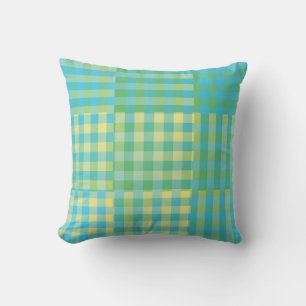 Coussin Motif Patchwork Damier Vert Bleu Jaune