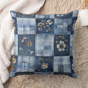Coussin Motif Patchwork Floral Denim Bohème