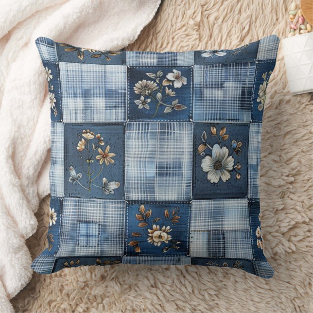Coussin Motif Patchwork Floral | Denim Bohème (Couverture)