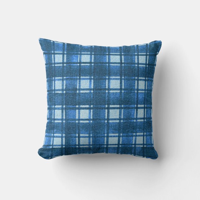 Coussin Motif Plaid bleu et blanc moderne Denim (Recto)