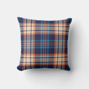 Coussin Motif plaid coloré en bleu, orange, beige. Sa