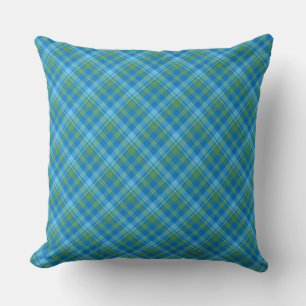 Coussin Motif Plaid Diagonale bleu, vert turquoise