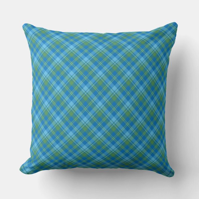 Coussin Motif Plaid Diagonale bleu, vert turquoise (Recto)
