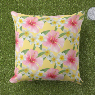 Coussin Motif Plumeria Hibiscus Tropical Jaune