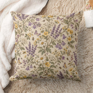 Coussin Motif Prairie de Lavande Ancienne et de Fleurs Sau