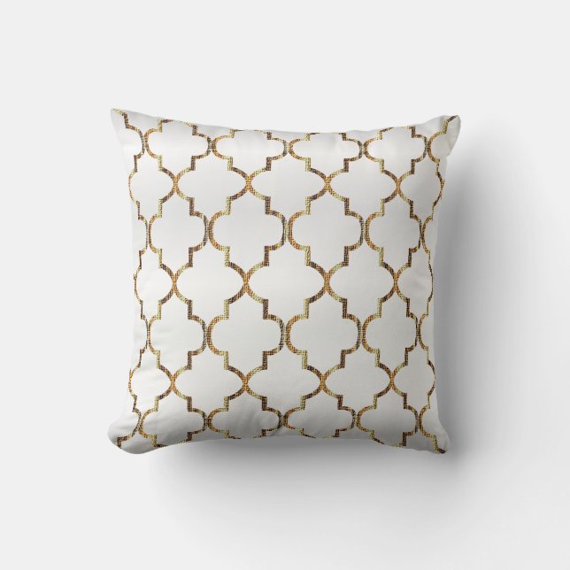 Coussin Motif Quatrefoil Blanc Satin & Or (Recto)