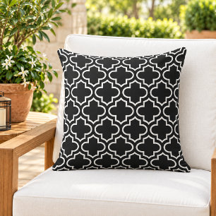 Coussin Motif Quatrefoil Marocain Moderne Noir et Blanc