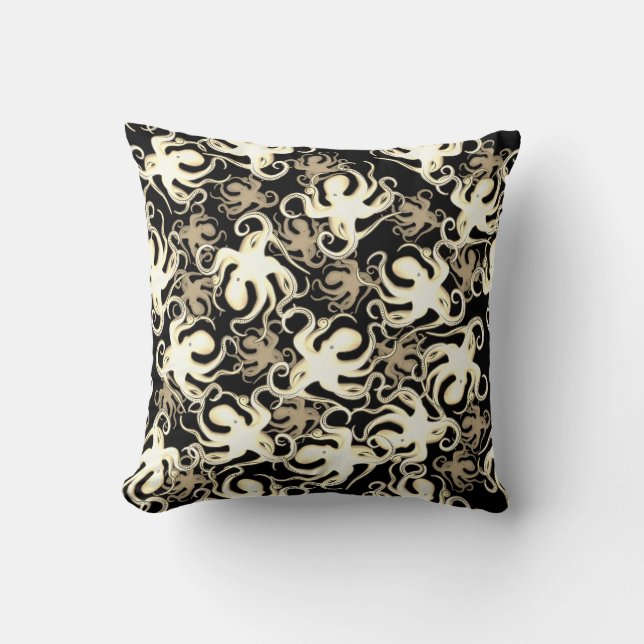 Coussin Motif Répétant Noir Et Sepia | Motif de pieuvre (Recto)