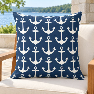 Coussin Motif répétitif d'ancre blanche de marine nautique
