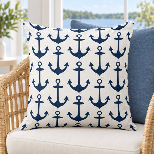 Coussin Motif répétitif d'ancre de marine blanche nautique