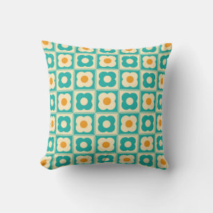 Coussin Motif Retro Floral Checker Turquoise, Crème, Orang