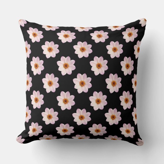 Coussin Motif rose Dahlia - Couleur complète sur le noir (Recto)