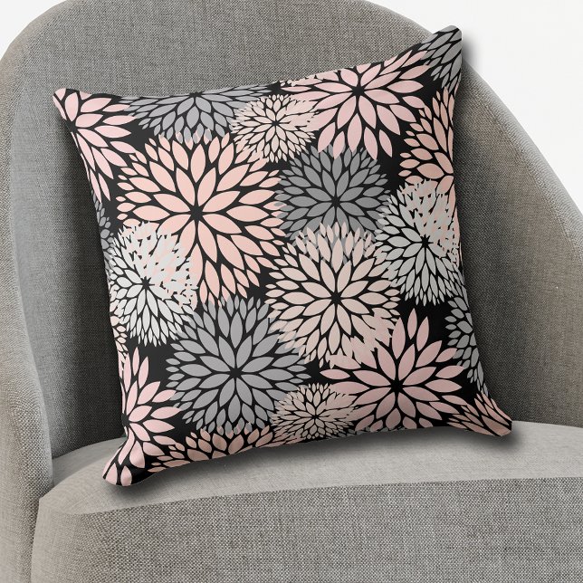 Coussin Motif rose gris dahlia sur noir (Créateur téléchargé)