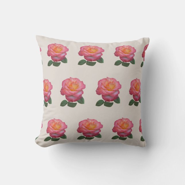 Coussin Motif Rose Rose sur beige sable (Recto)