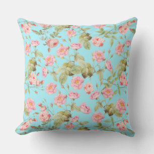 Coussin Motif Rose Vintage Victorien d'été sur Turquoise