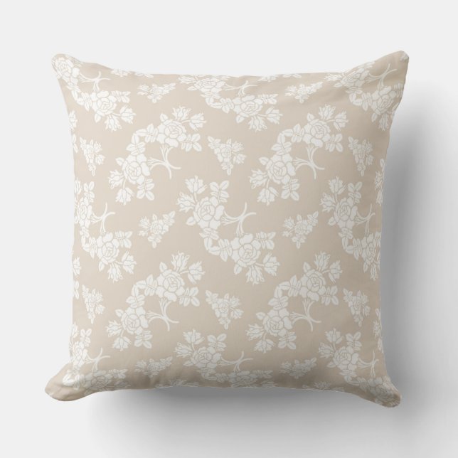 Coussin Motif Roses Blanches sur Brun Clair (Recto)