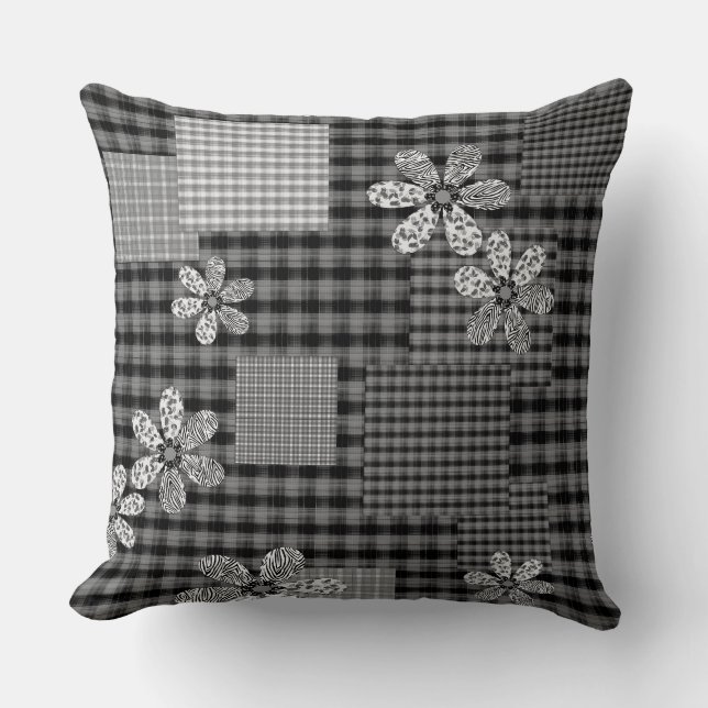 Coussin Motif rustique en patchwork noir et blanc rétro (Recto)