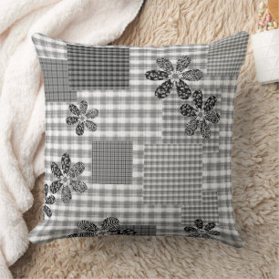 Coussin Motif rustique en patchwork noir et blanc rétro