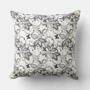 Coussin Motif rustique floral rétro noir et blanc