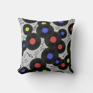 Coussin Motif sans couture avec disques vinyles et notes.