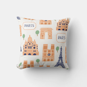Coussin Motif sans couture avec les monuments parisiens