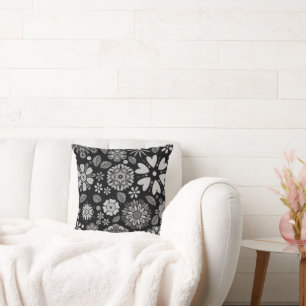 Coussin Motif sans couture d'art floral rétro noir et gris