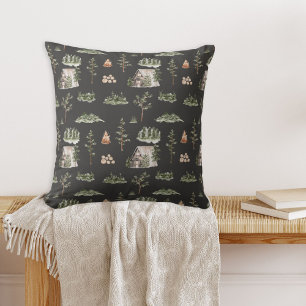 Coussin Motif sans couture de cabane en forêt à l'aquarell
