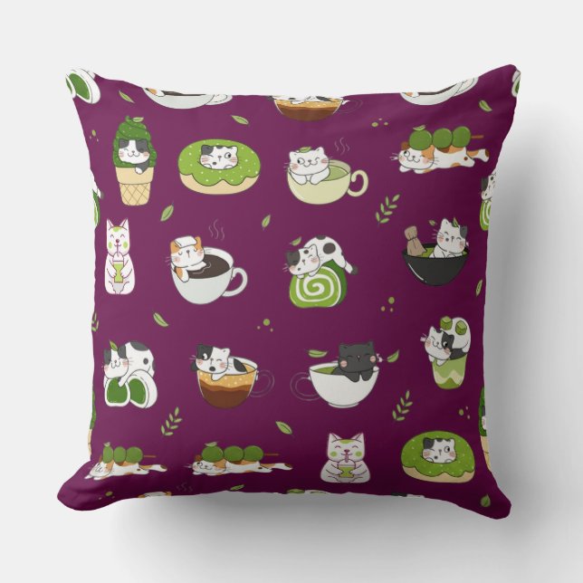 Coussin Motif sans couture de chat Matcha Kawaii (Recto)