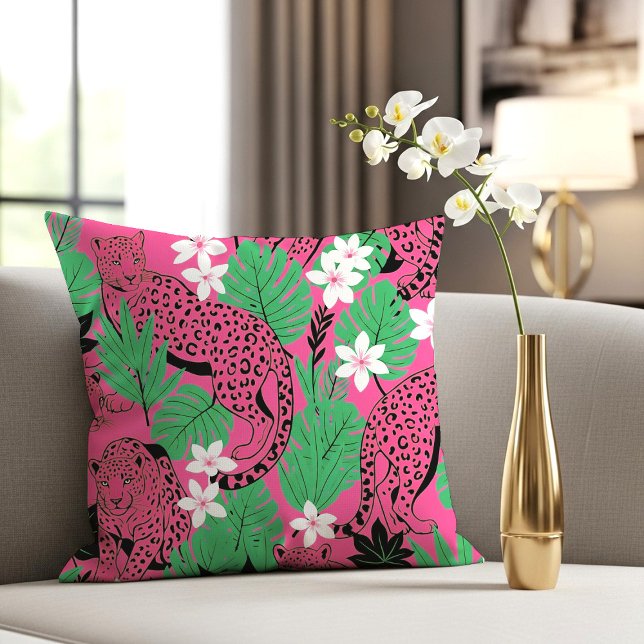Coussin Motif sans couture de léopard rose vif tropical et (Créateur téléchargé)