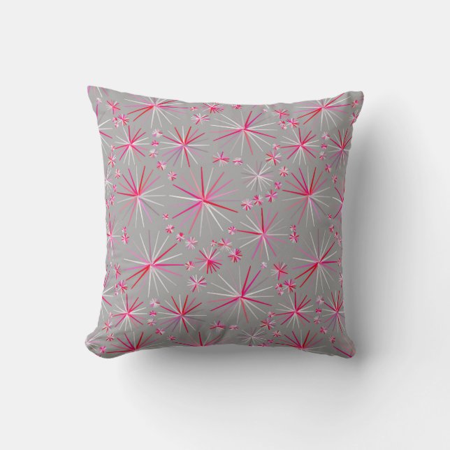 Coussin motif Spoutnik du milieu du siècle, gris et Fuchsi (Recto)