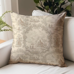 Coussin Motif Toile de Jouy de campagne française beige vi