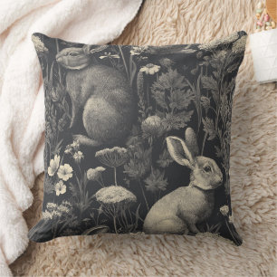 Coussin Motif Toile de Lapin Vintage sur Fond Noir