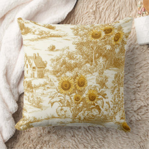 Coussin Motif Toile Fleur de Tournesol de Ferme en Or Chau