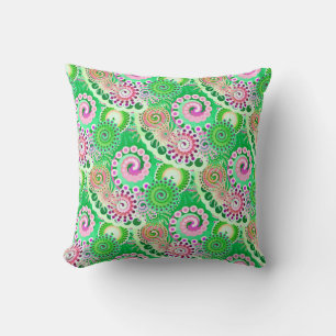 Coussin Motif tourbillon fractal, vert, rose, multi