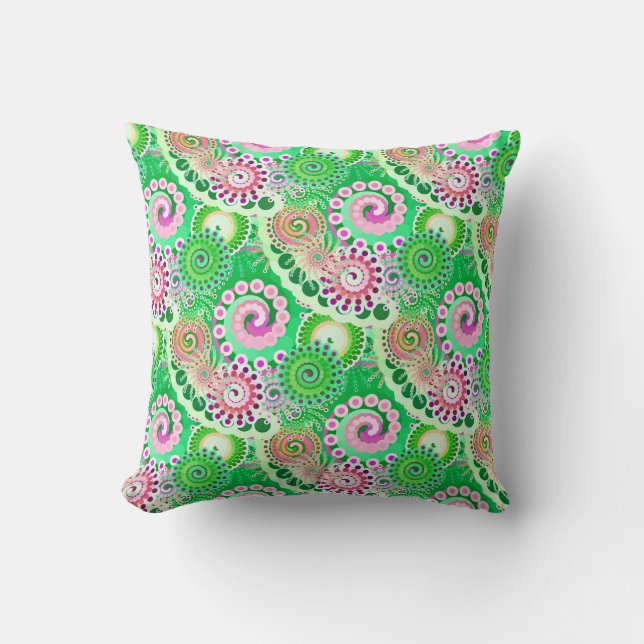 Coussin Motif tourbillon fractal, vert, rose, multi (Recto)