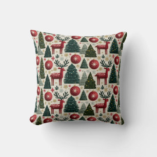 Coussin Motif traditionnel de sapins et rennes de Noël