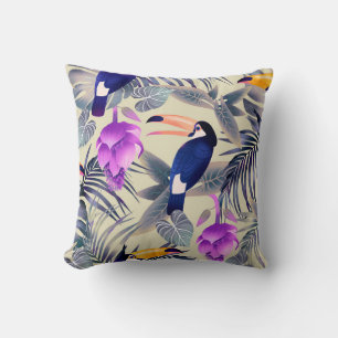 Coussin Motif transparent tropical avec toucans, monstre,